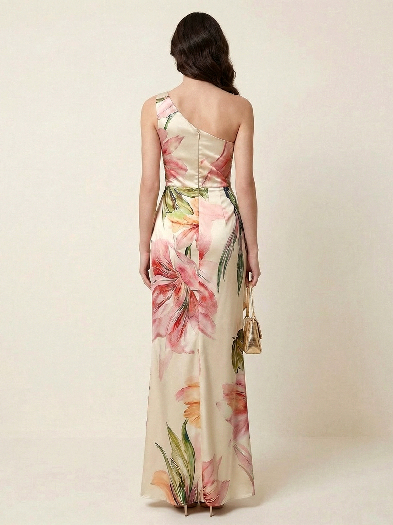 Cream Blush Floral One-Shoulder Satin Mermaid Gown