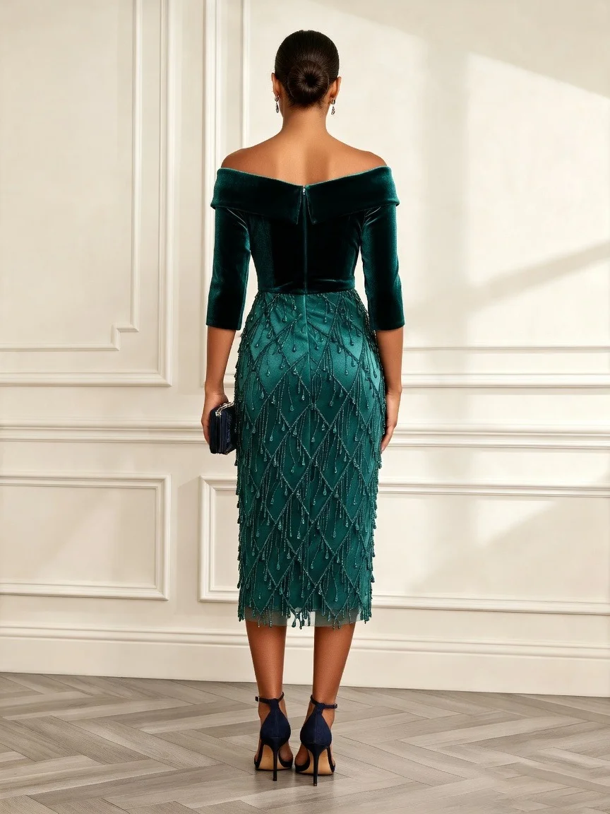 Green Tassel Velvet Off The Shoulder Three Quarter Sleeve Sheath Midi Dress