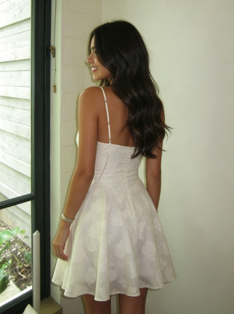 White Floral Jacquard Corset Mini Dress Spaghetti Strap Swing Skirt