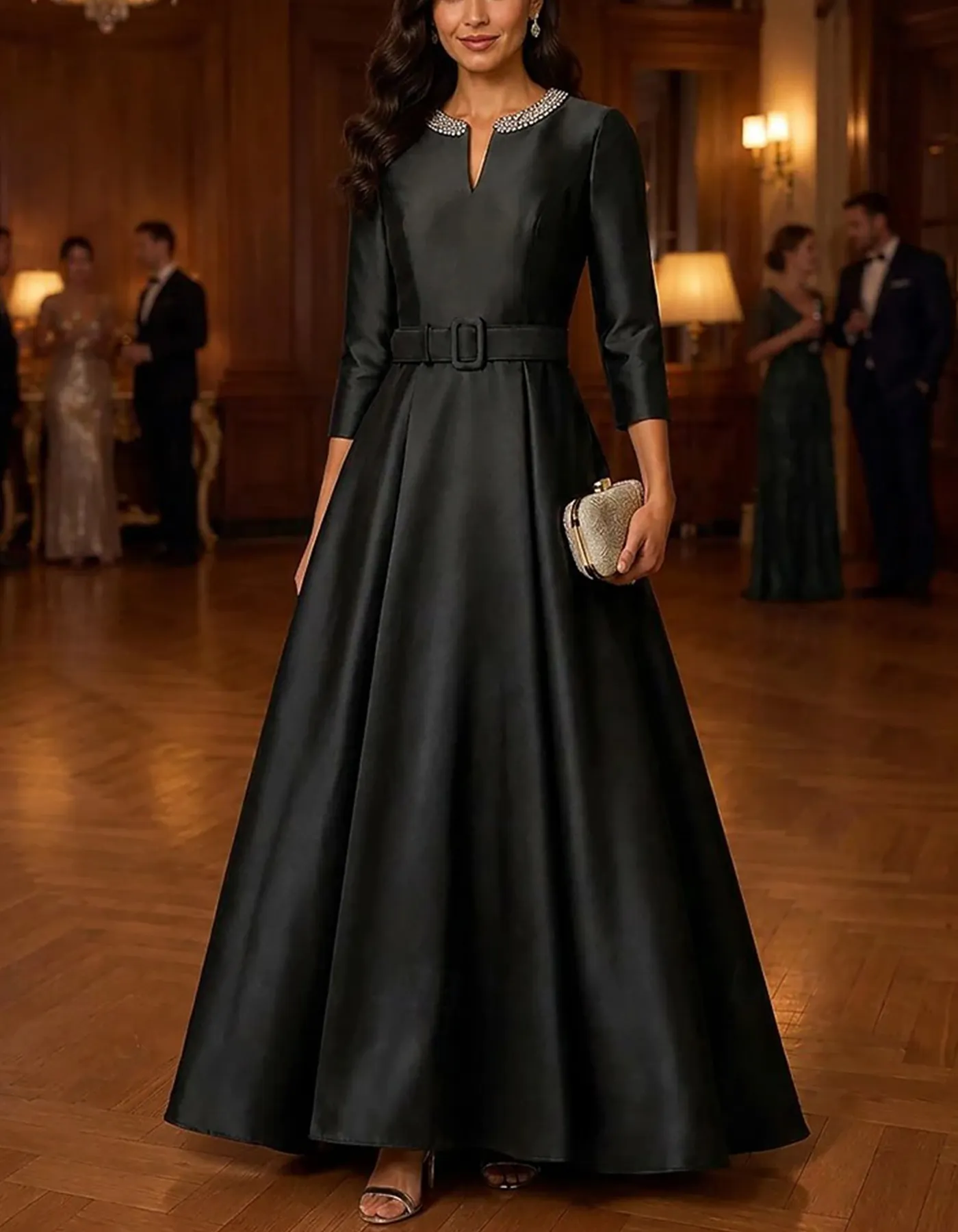 Satin Sequin Neck Belted 3/4 Sleeve A Line Maxi Dress