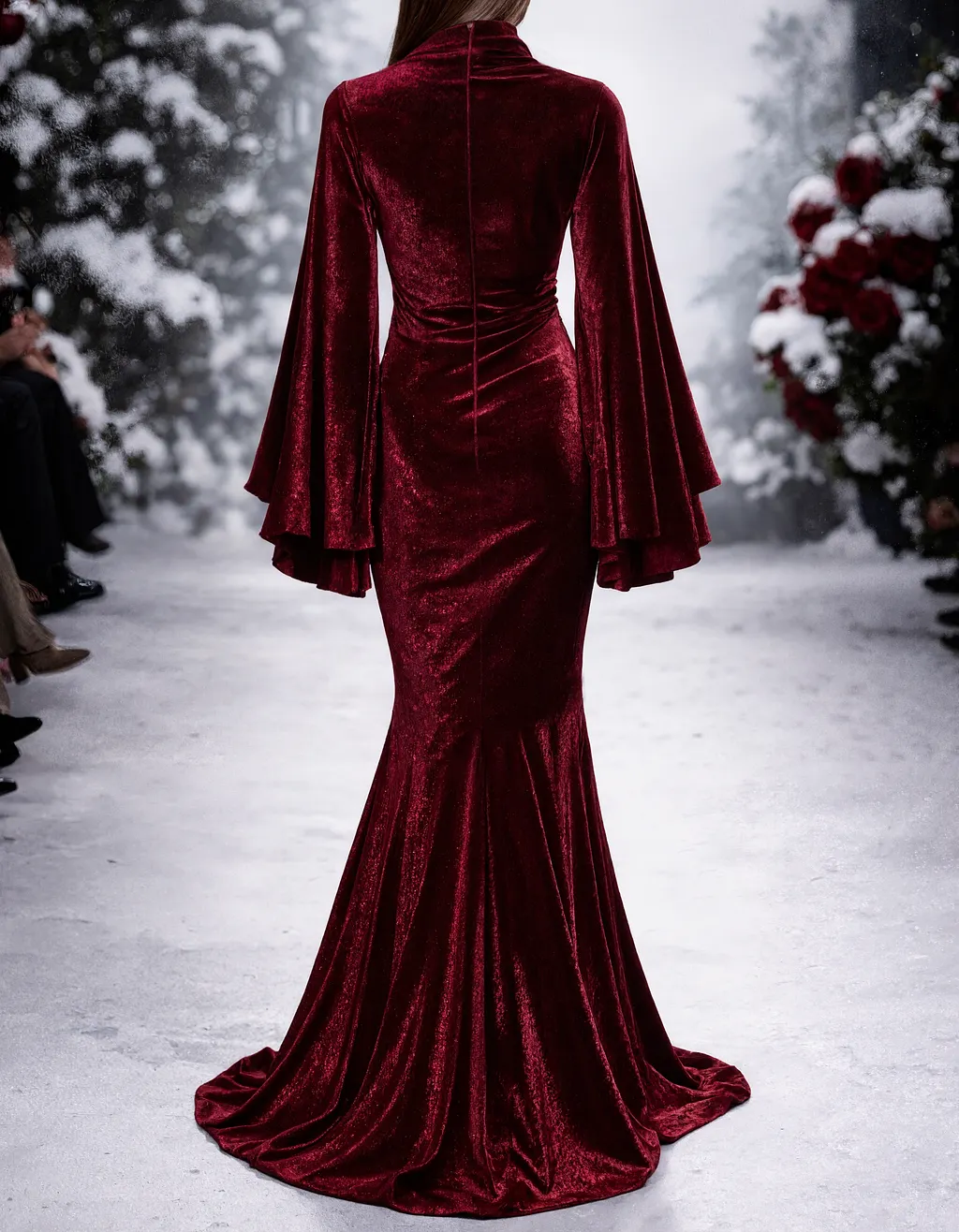 High Neck Bell Sleeve Velvet Mermaid Evening Maxi Dress