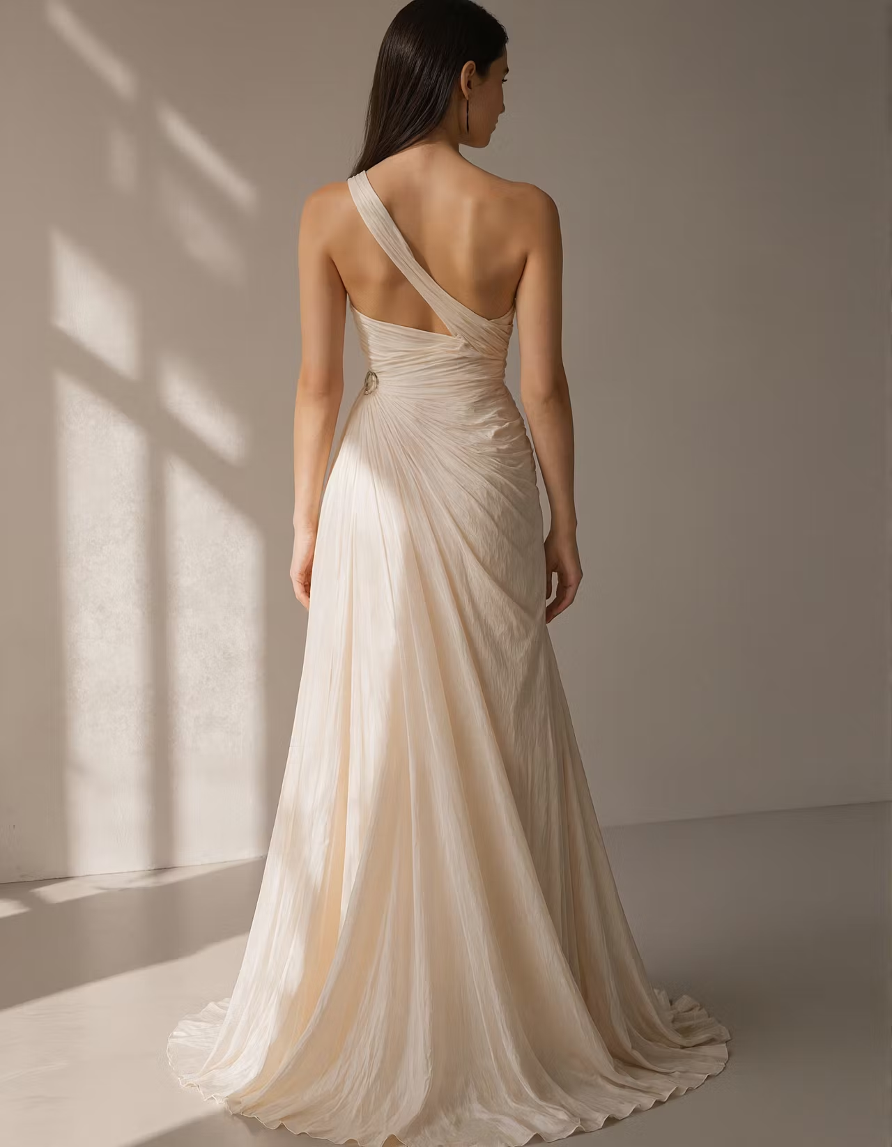 Light Champagne Colored Chiffon Open Back Cutout Maxi Dress