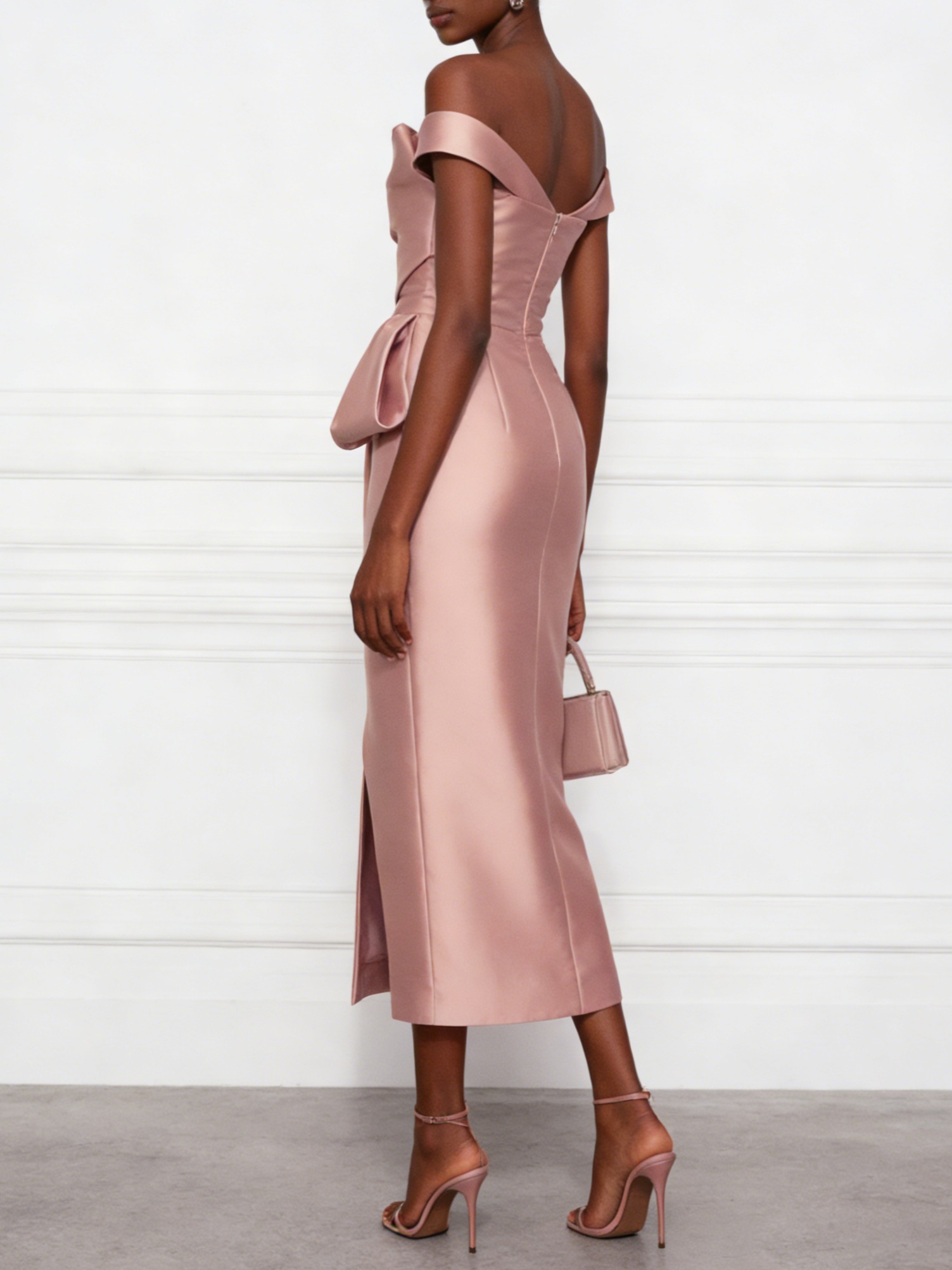 Pink Bow Satin Off The Shoulder Short Sleeve Sheath Midi Dress