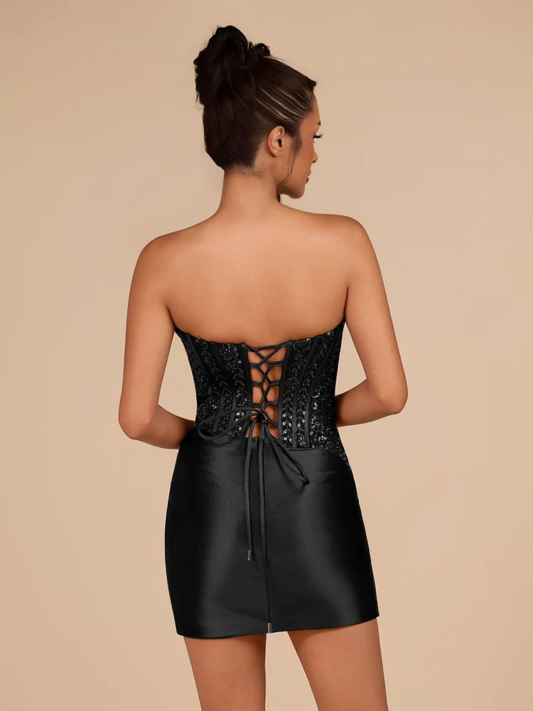 Midnight Navy Strapless Sequin Corset Mini Dress