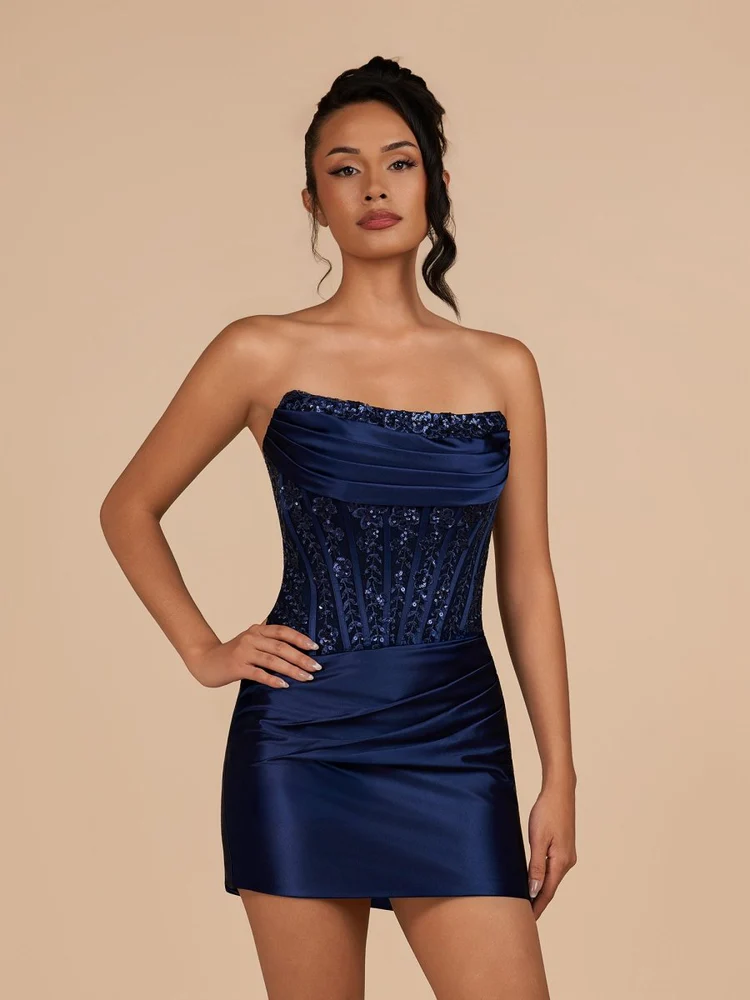 Midnight Navy Strapless Sequin Corset Mini Dress