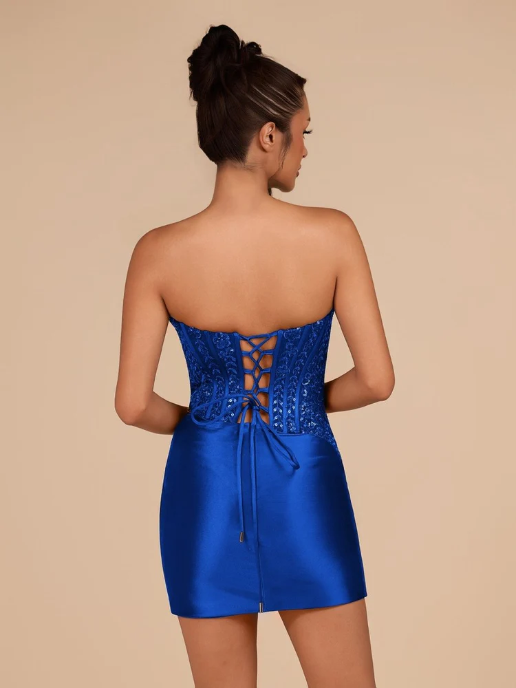 Midnight Navy Strapless Sequin Corset Mini Dress