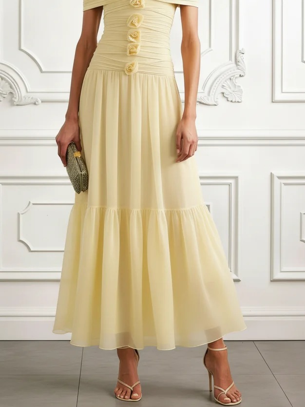 Yellow 3D Floral Chiffon Off The Shoulder Sleeveless A-Line Maxi Dress