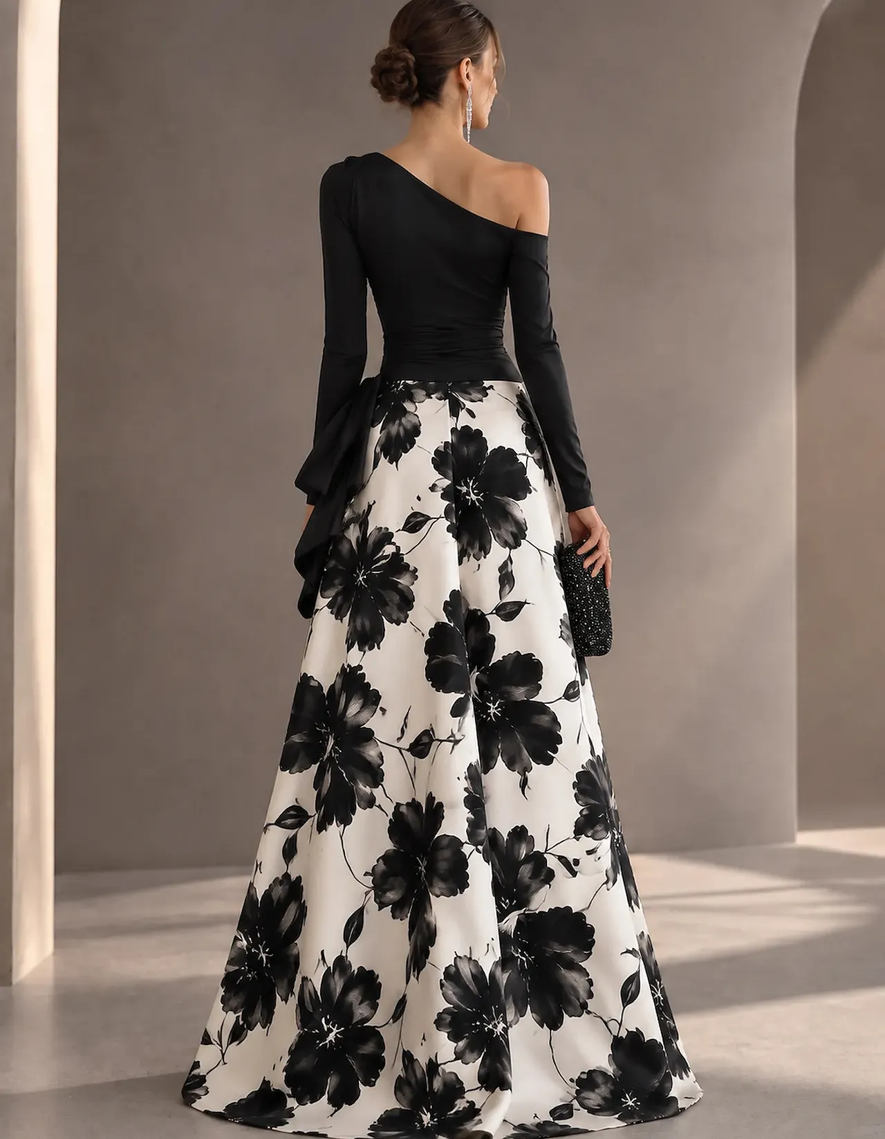 Black White Floral Satin One Shoulder A Line Maxi Dress