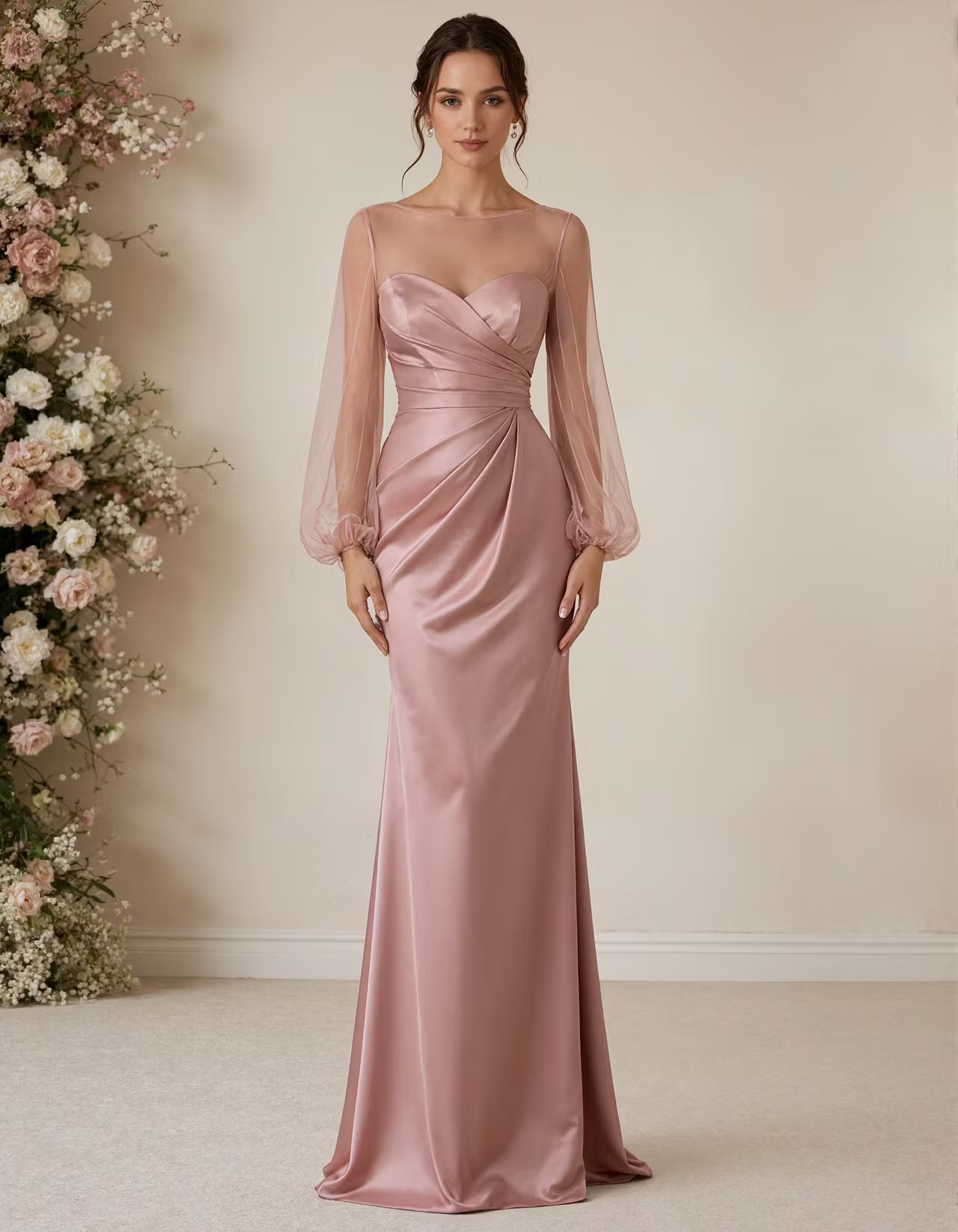 Pink Round Neck Satin Tulle Puff Sleeves Maxi Dress