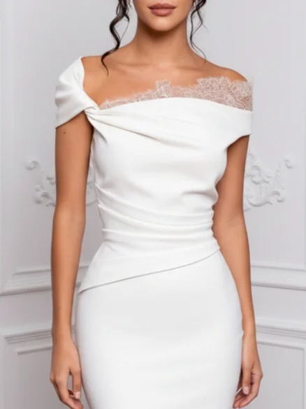 White Lace Split Joint Classic One Shoulder Short Sleeve Sheath Midi Dress