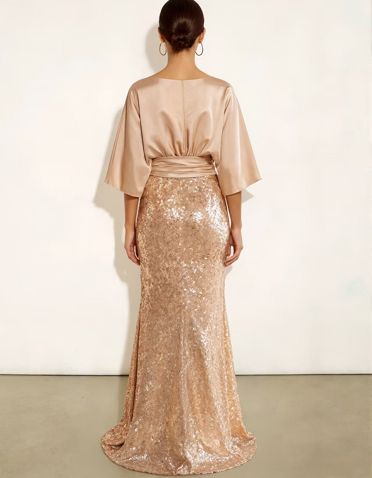 Champagne Satin Three Quarter Sleeve Elastic Waistband With Sequins Maxi Dress