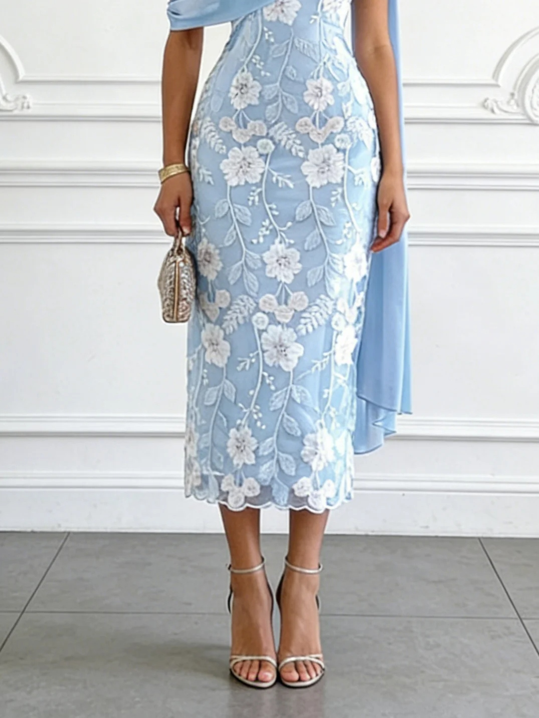 Light Blue Embroidery Classic Off The Shoulder Sleeveless Sheath Midi Dress