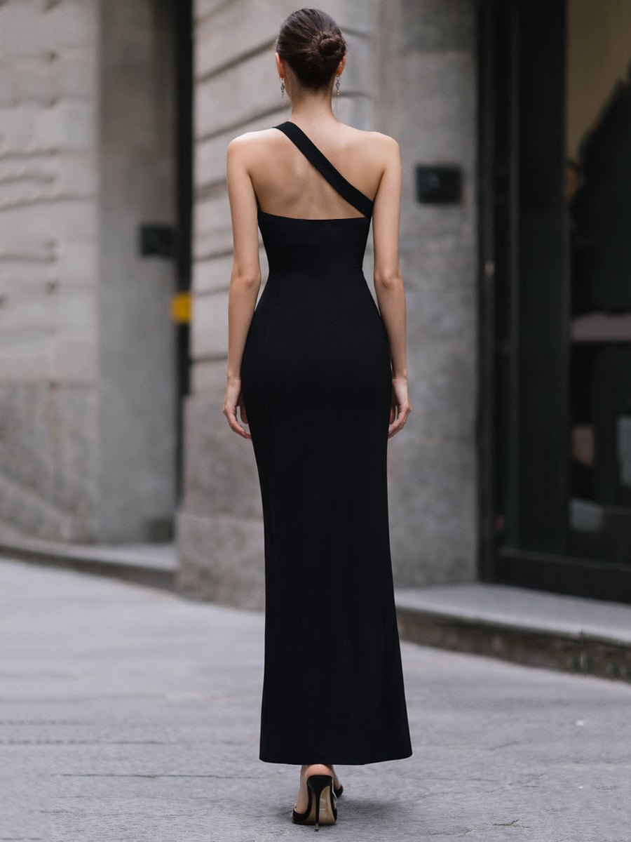 Black One-Shoulder Maxi Dress With High-Slit Detail