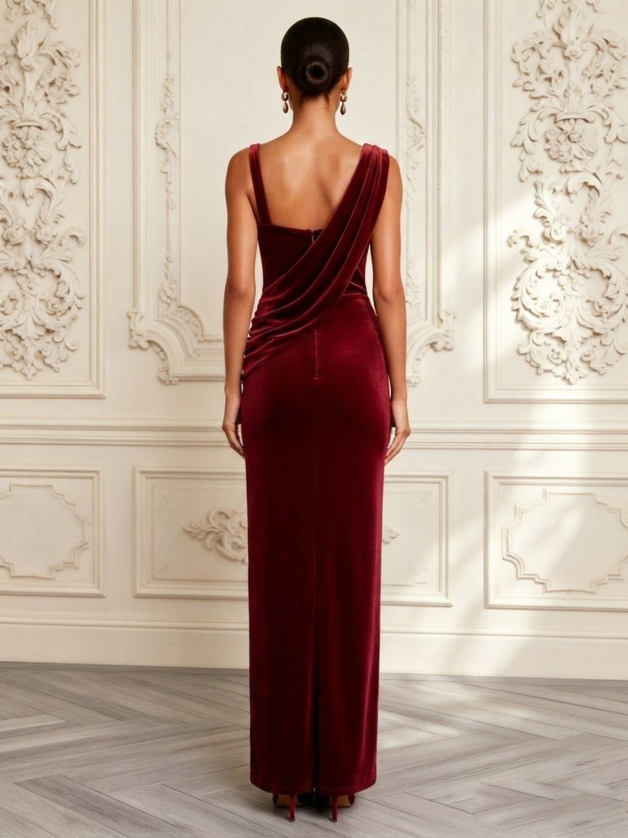 Burgundy Ruched Velvet Square Neck Sleeveless Sheath Floor-length Gown Dress