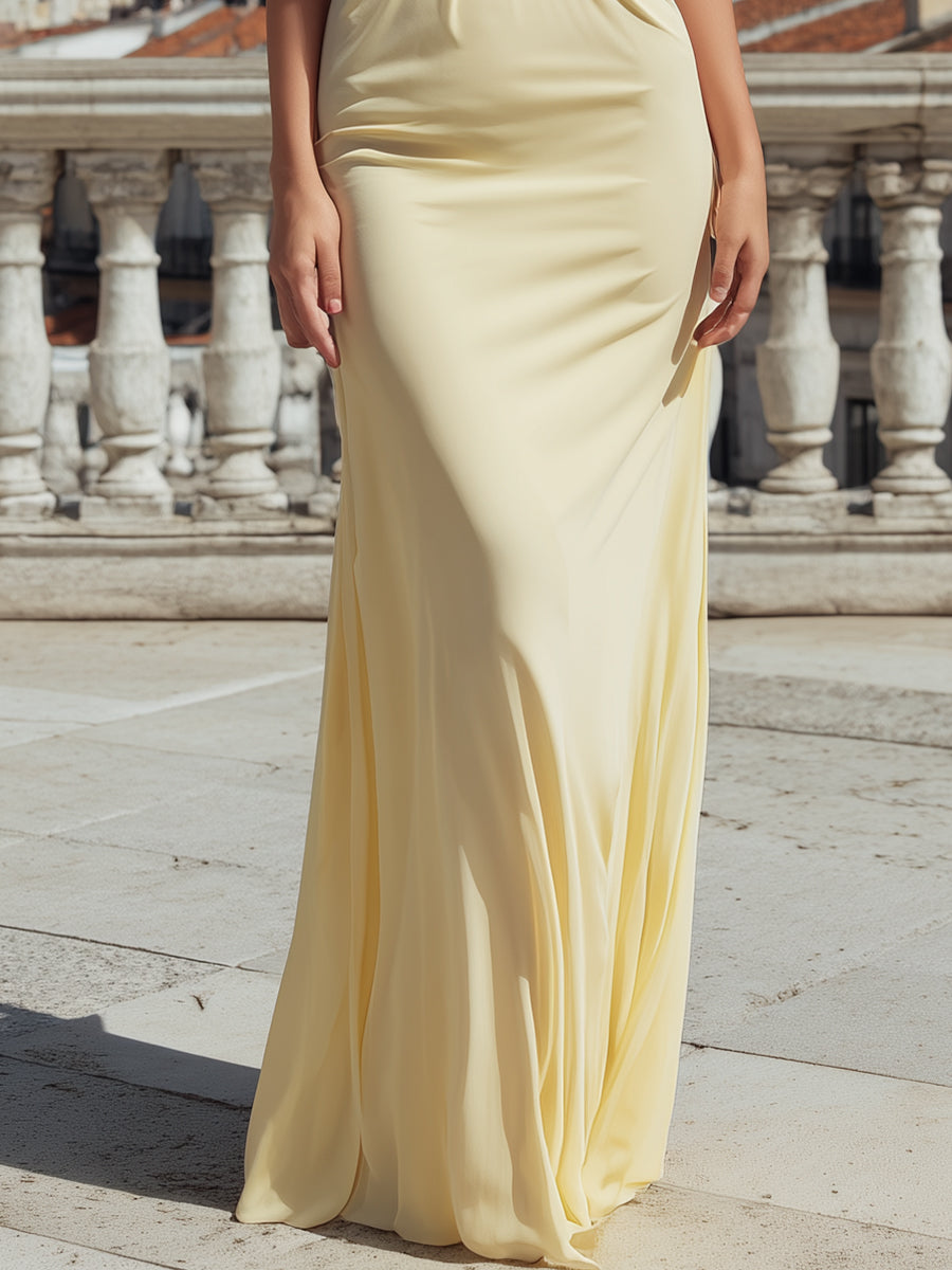 Chic Halter Neck Yellow Maxi Dress With Elegant Draping