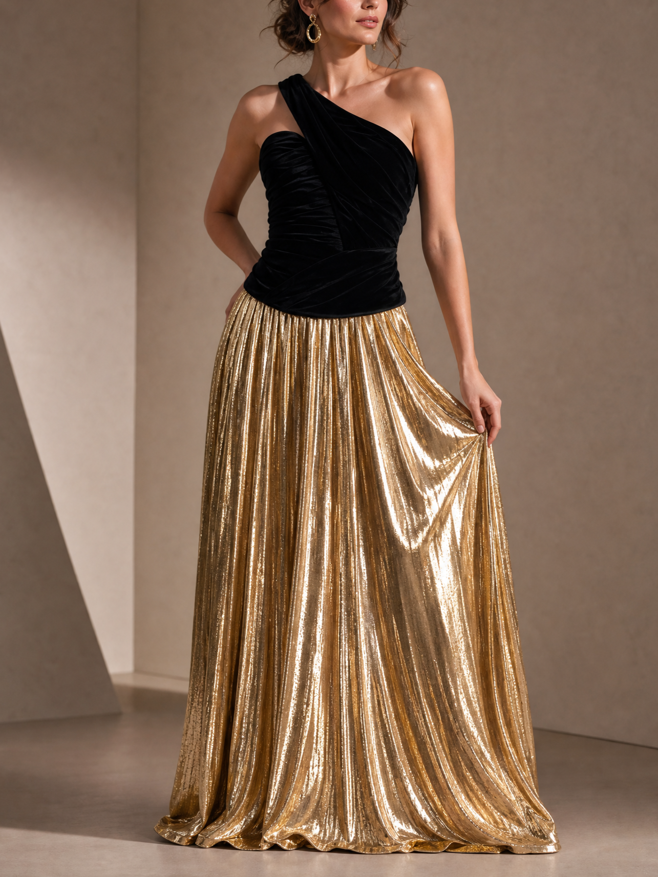 Black Velvet One Shoulder Ruched Bodice Gold Metallic Pleated Skirt Two Tone Evening Gown