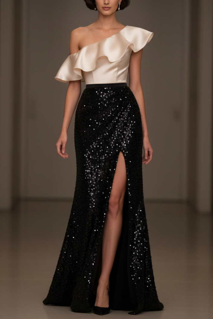 Champagne Satin Ruffle One Shoulder Black Sequin Slit Evening Gown