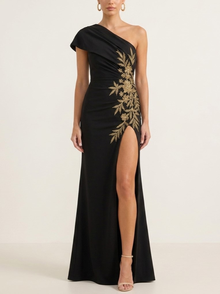 Black One Shoulder Gold Floral Beaded High Slit Mermaid Evening Gown