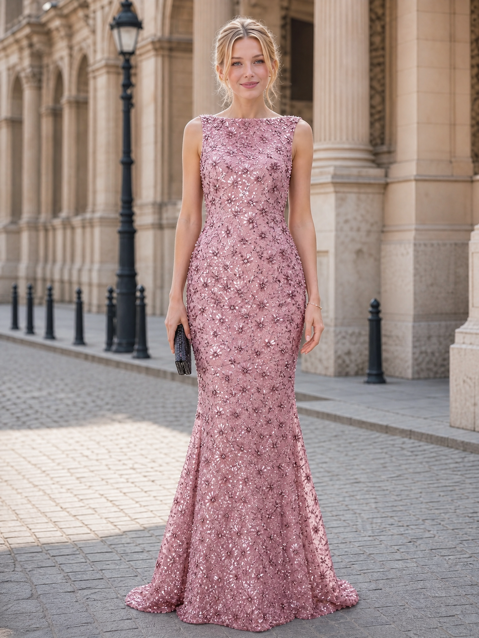 Pink Floral Beaded Sleeveless Bateau Mermaid Mother of Bride Evening Gown