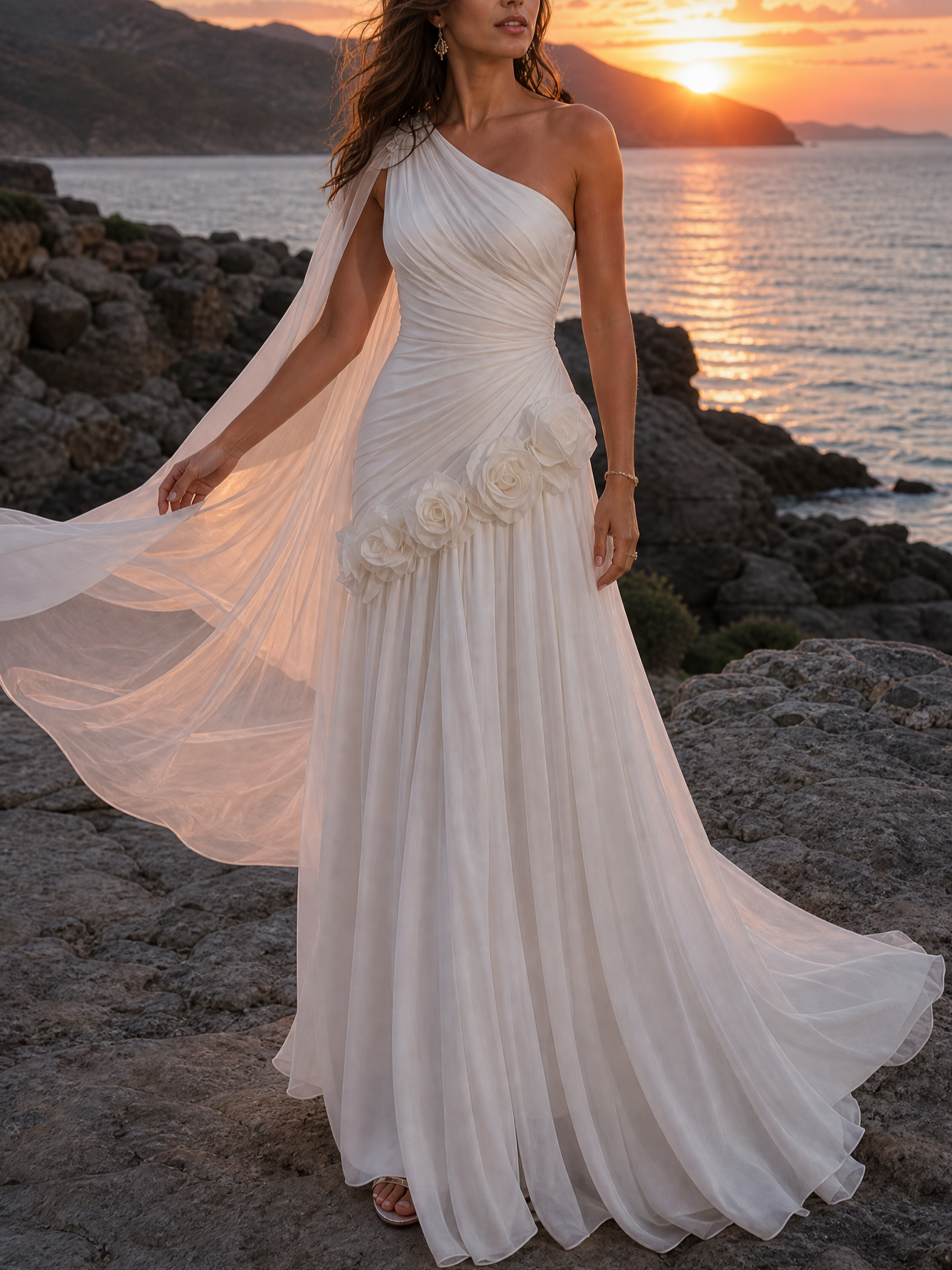 Ivory Chiffon One Shoulder Floating Cape 3D Rose Floral Ruched A-Line Wedding Guest Evening Gown