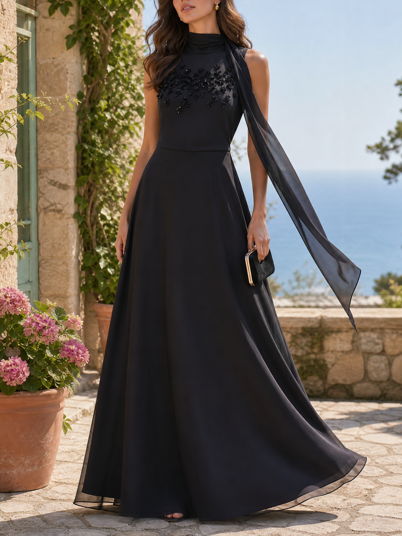 Black High Neck Sleeveless Beaded Chiffon A-Line Evening Gown with Chiffon Sash
