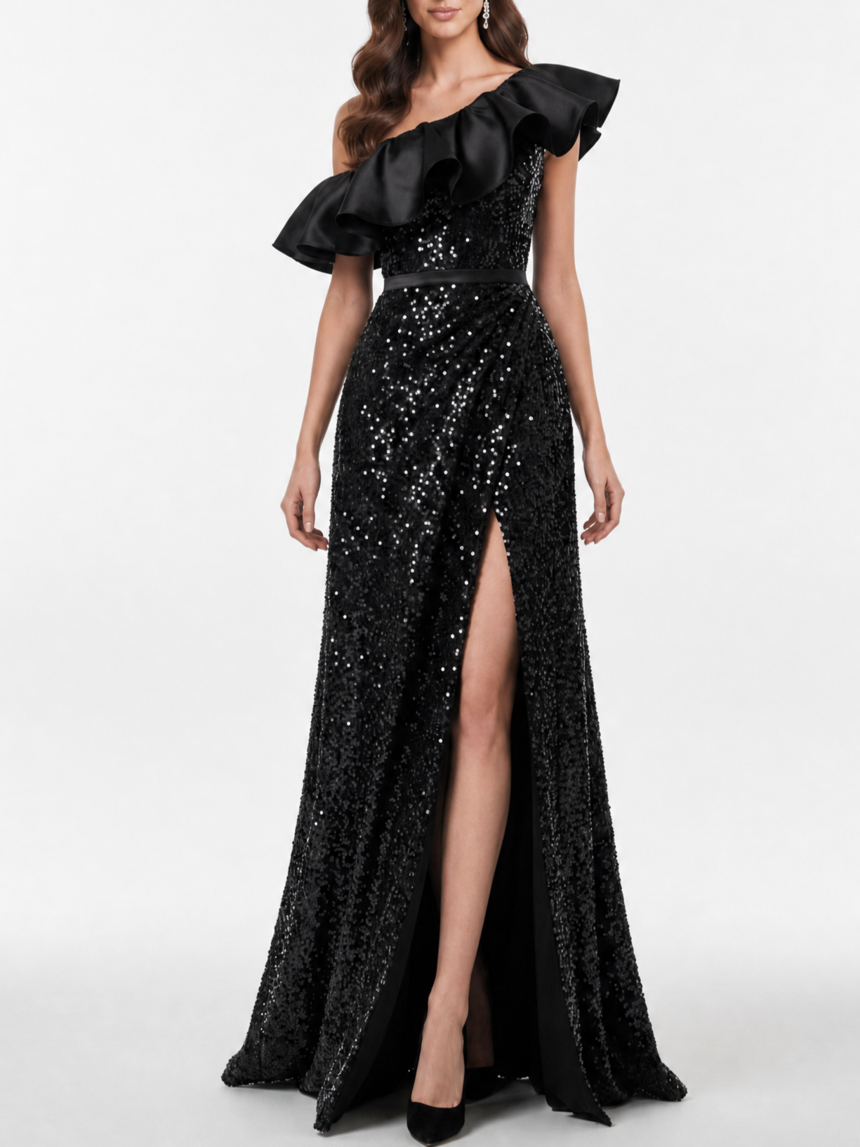 Black Sequin One Shoulder Ruffle High Slit Evening Gown