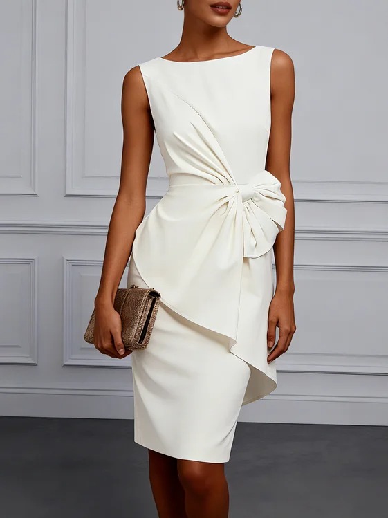 White Bow Asymmetric Classic Boat Neck Sleeveless Sheath Midi Dress