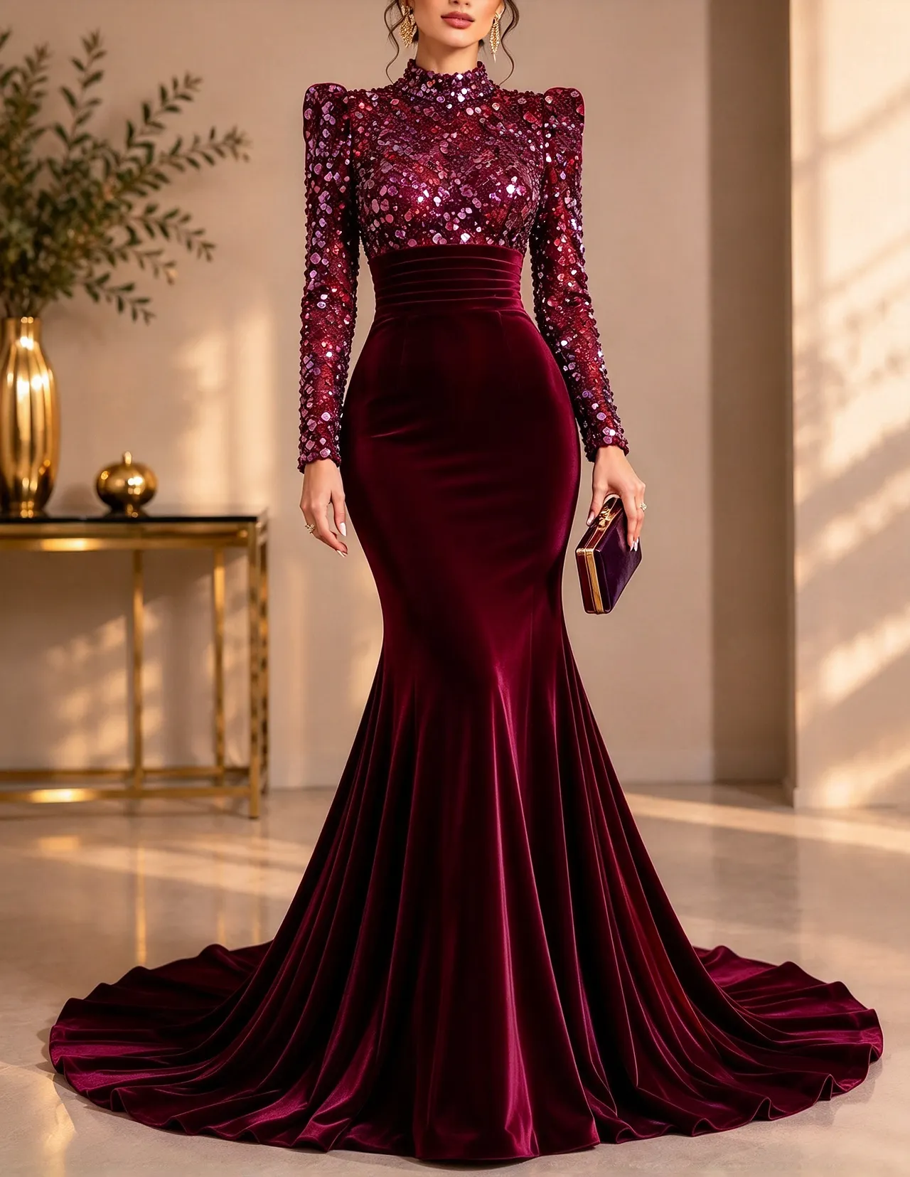 High Neck Heavy Sequin Velvet Mermaid Evening Maxi Dress