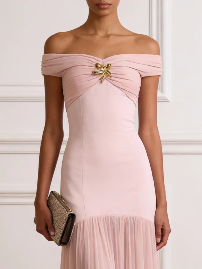 Pink Grommets Ruched Classic Off The Shoulder Short Sleeve Mermaid Maxi Dress