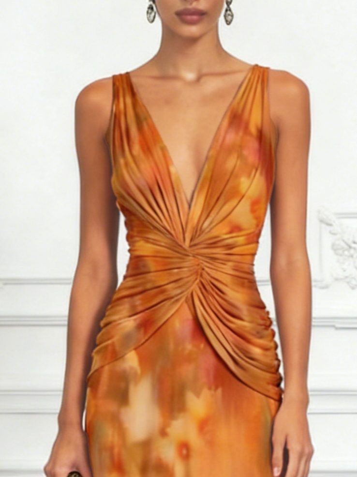 Orange Floral Chiffon V Neck Sleeveless A-Line Maxi Dress