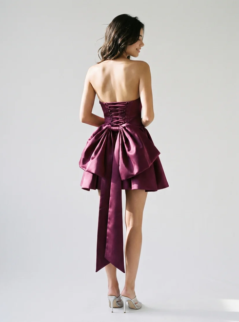Purple Strapless Satin Mini Dress High‑Low Train Party Gown