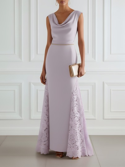 Lavender Lace Classic Cowl Neck Sleeveless A-Line Maxi Dress