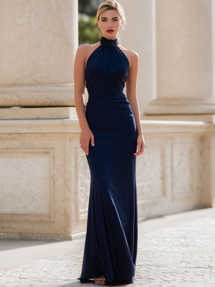Navy Halter Ruched Column Maxi Dress