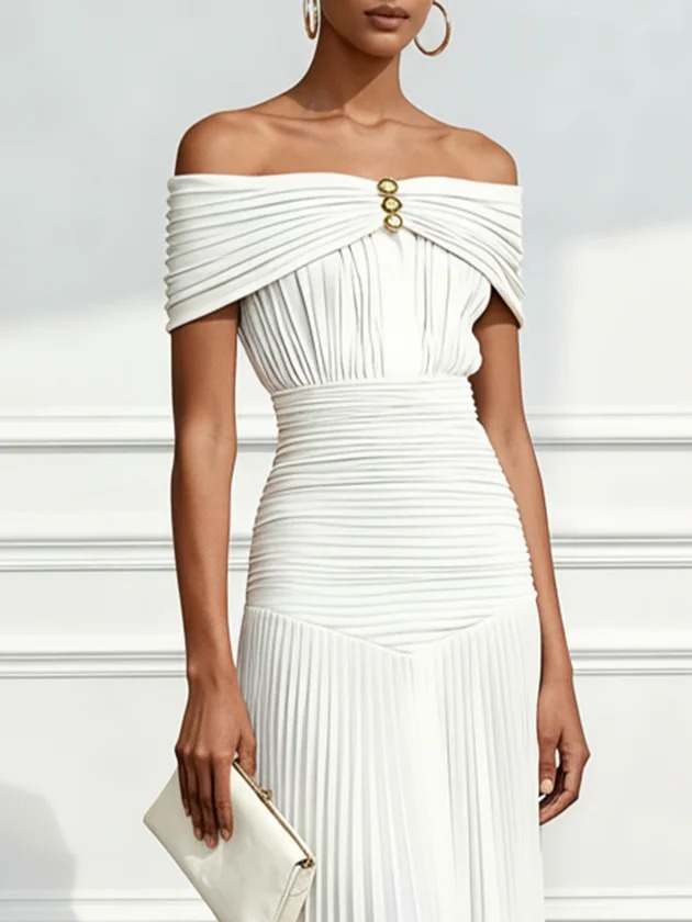 White Pleated Buckle Chiffon Off The Shoulder Sleeveless Sheath Gown Dress