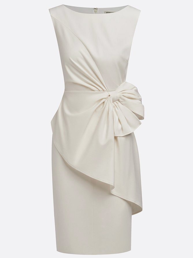 White Bow Asymmetric Classic Boat Neck Sleeveless Sheath Midi Dress