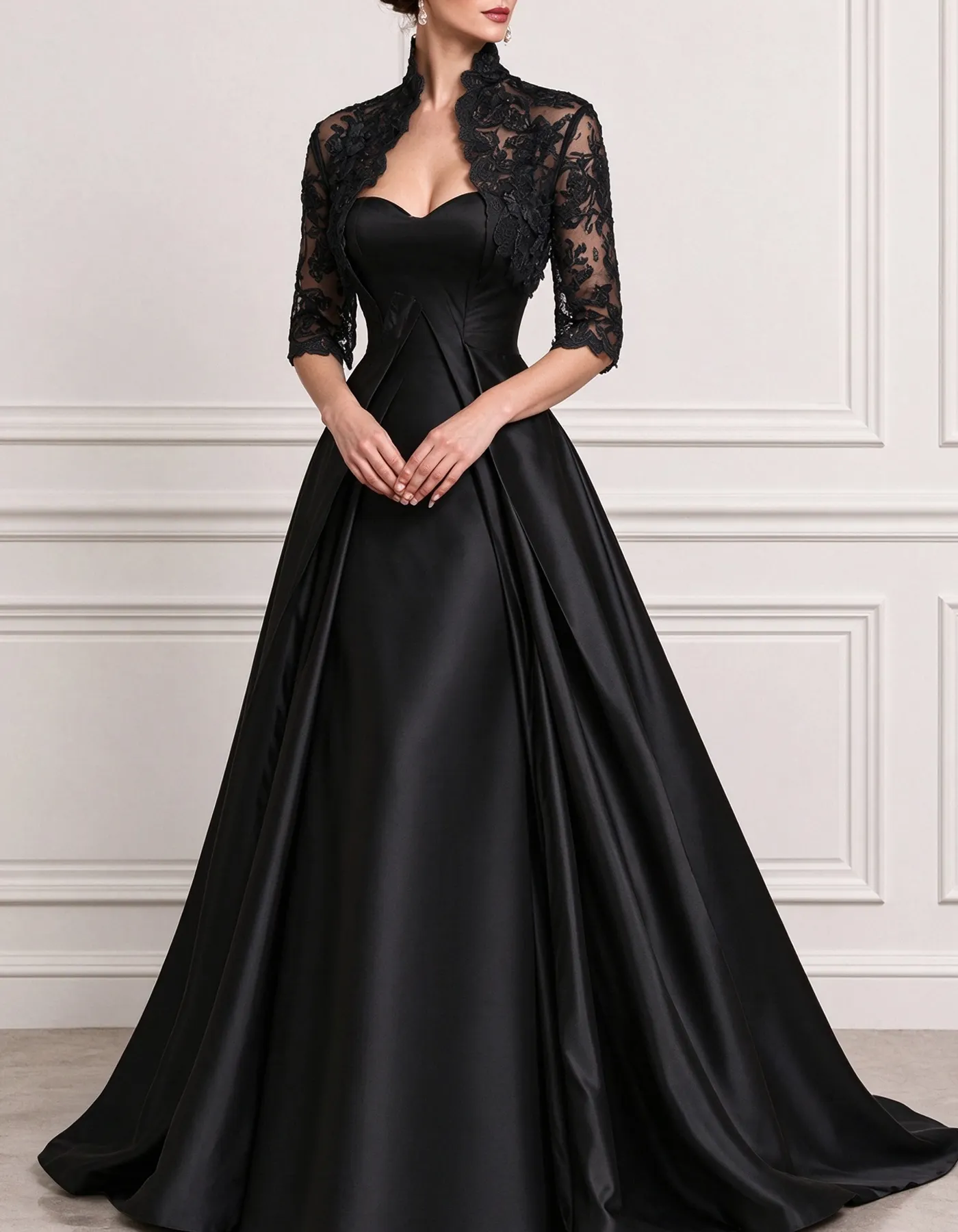 Lace Satin Sweetheart A-Line Evening Gown Maxi Dress