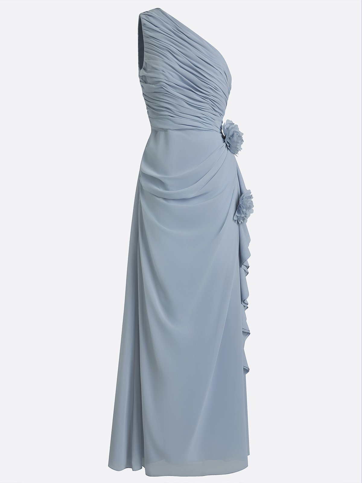 Dusty Blue Sheath Maxi Chiffon One-Shoulder Ruched Rosette Bridesmaid Dress