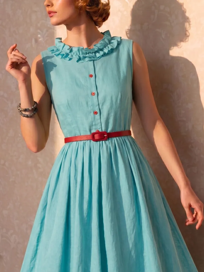 Midi Linen Dress, Sleeveless, Button Design, Vintage, Blue