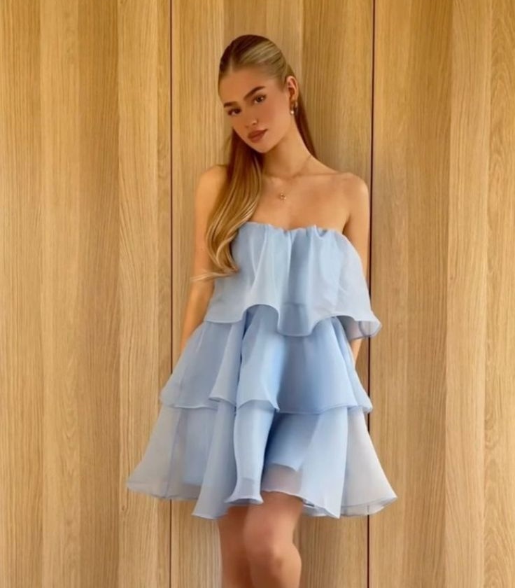 Light Blue Strapless Tiered Chiffon Mini Dress