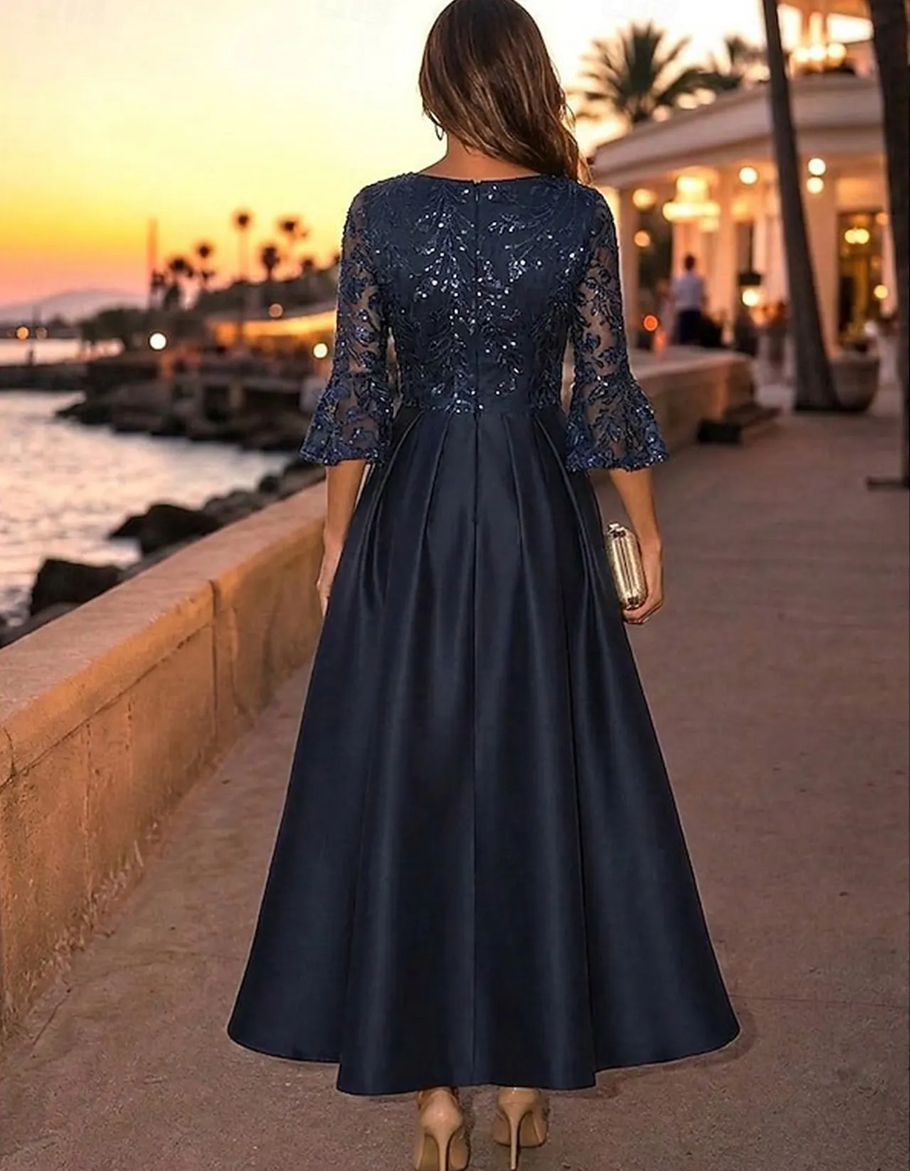 Round Neck Bell 3/4 Sleeve Satin A-Line Midi Dress