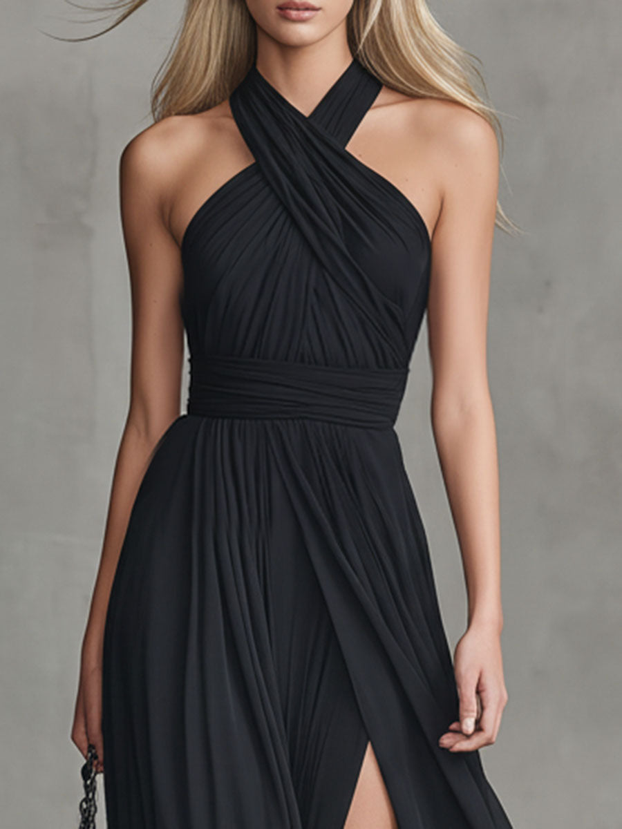 Retro-chic Elegant Cross-neck Sleeveless Slit Chiffon Maxi Dress