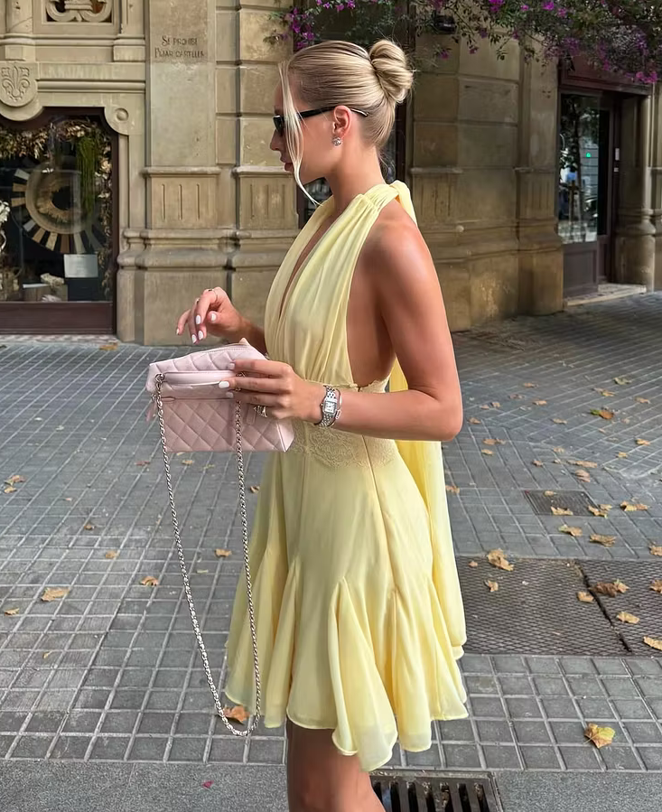 Light Yellow Halter Deep V Mini Dress Lace Waist Open Back Flowy Skirt