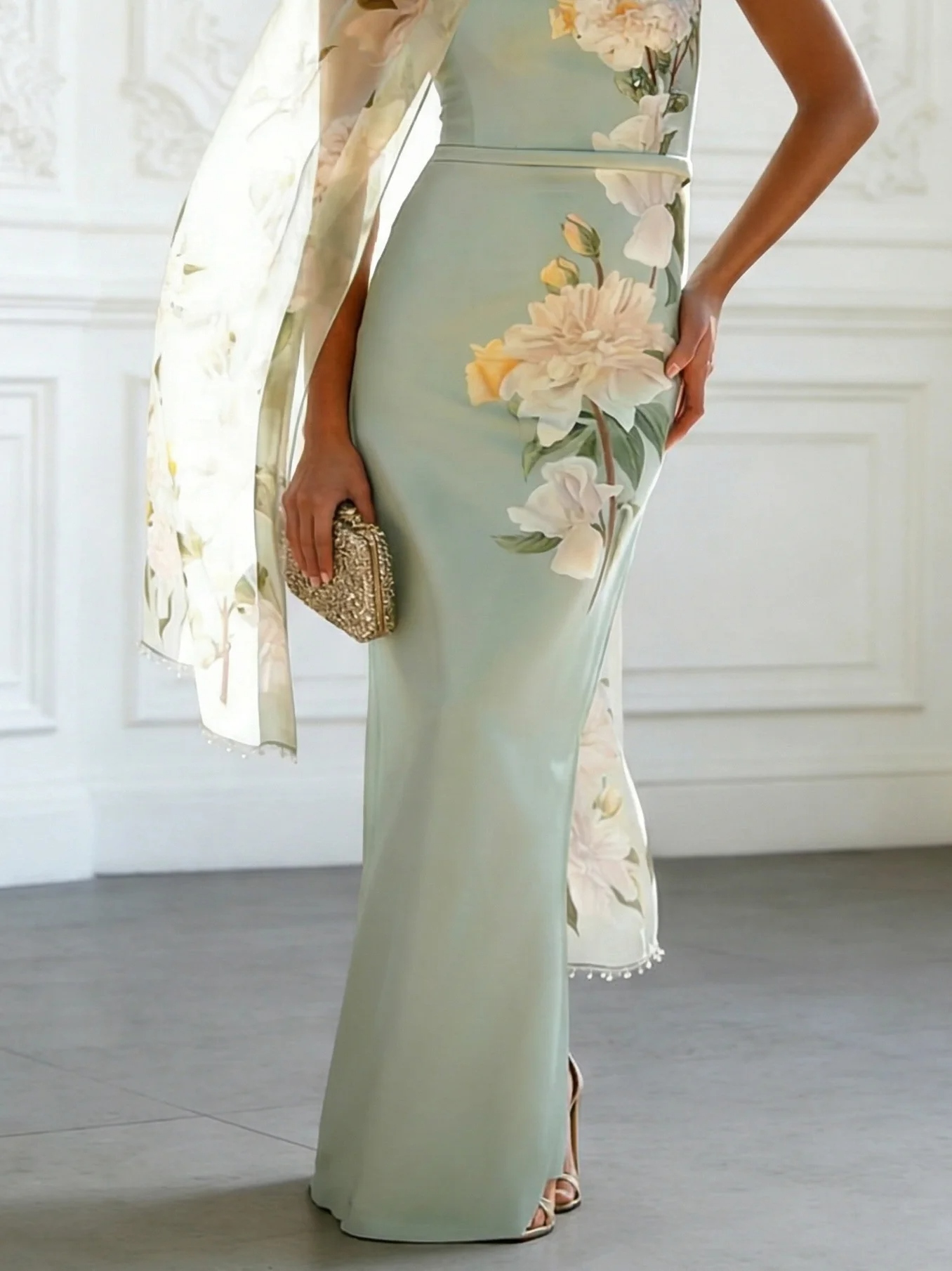 Light Green Floral Classic One Shoulder Sheath Maxi Dress