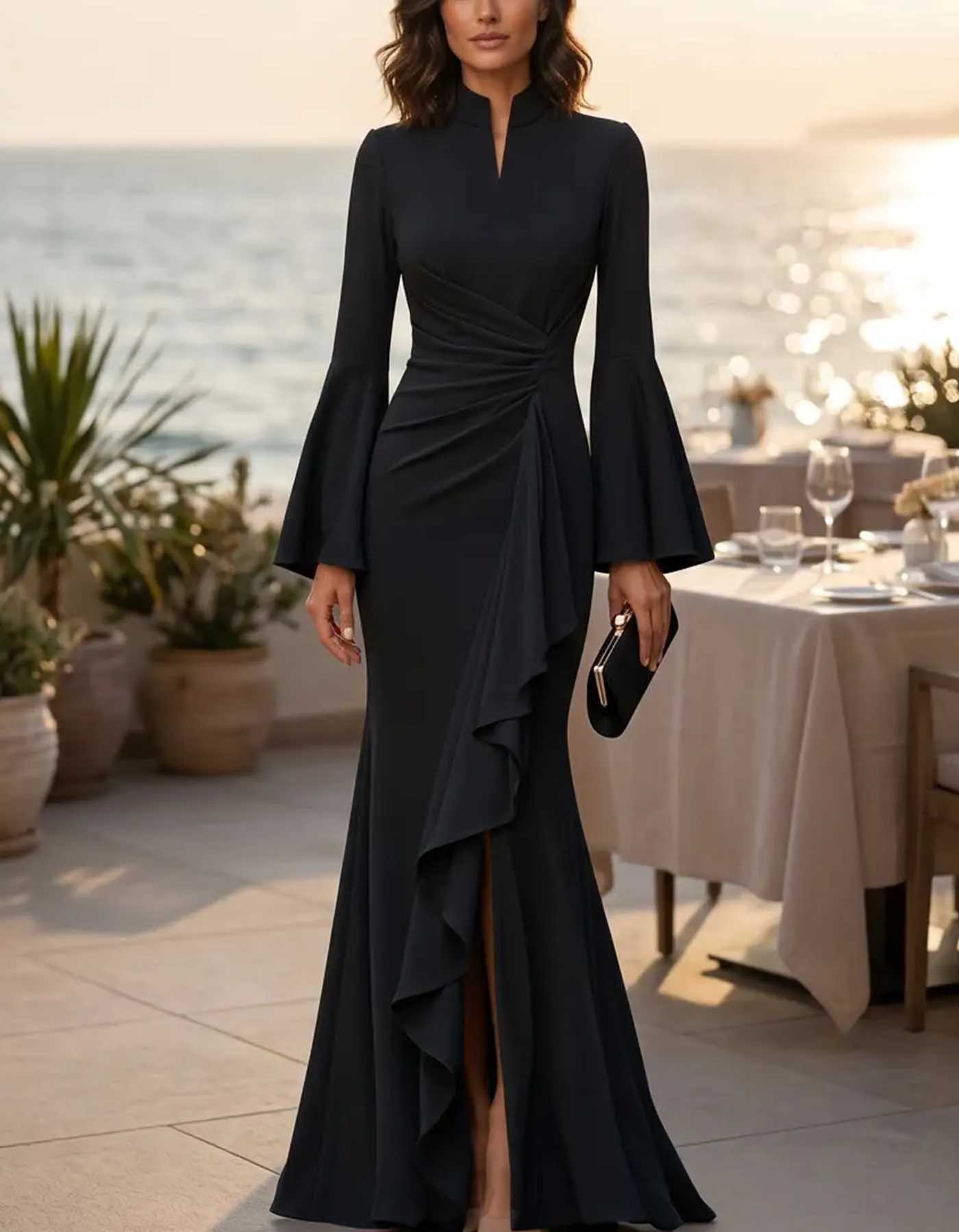 High Neck Flare Sleeve Ruffled Slit Mermaid Maxi Dress