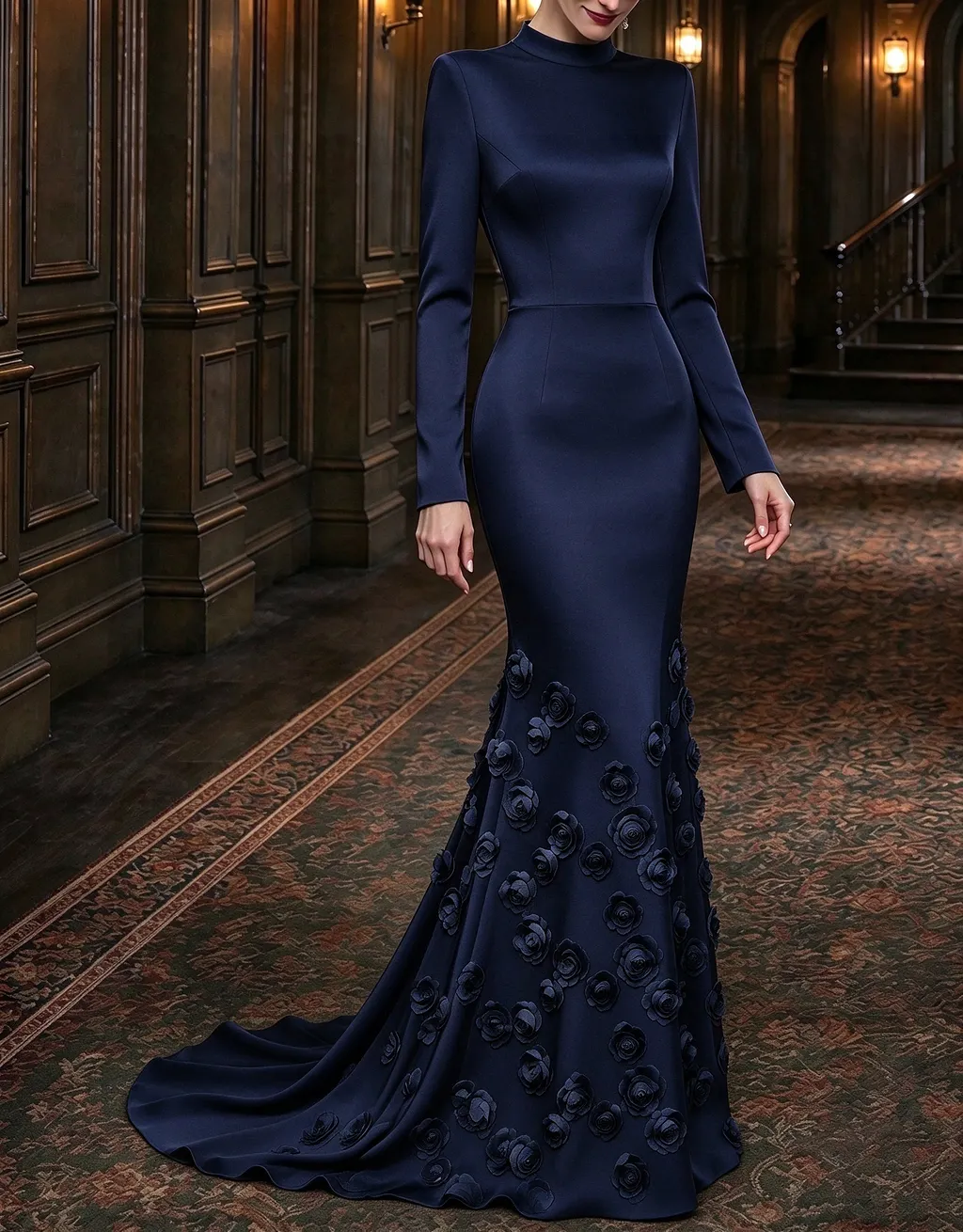 High Neck Long Sleeve Satin 3D Floral Mermaid Evening Maxi Dress