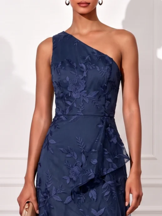 Navy Blue Jacquard Ruffled Lace One Shoulder Sleeveless A-Line Maxi Dress