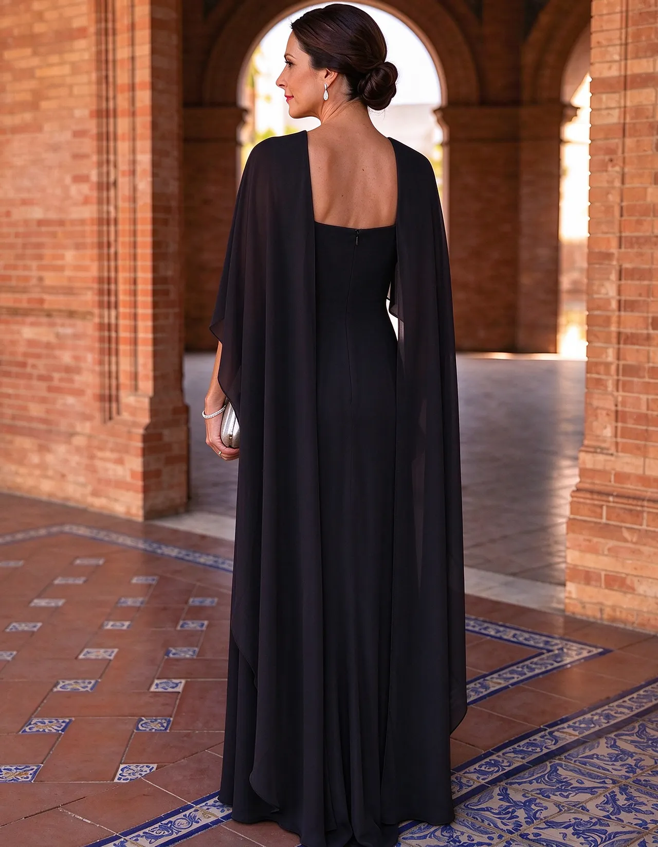 Chiffon Round Neck Cape Overlay Leaf Embroidery Maxi Dress