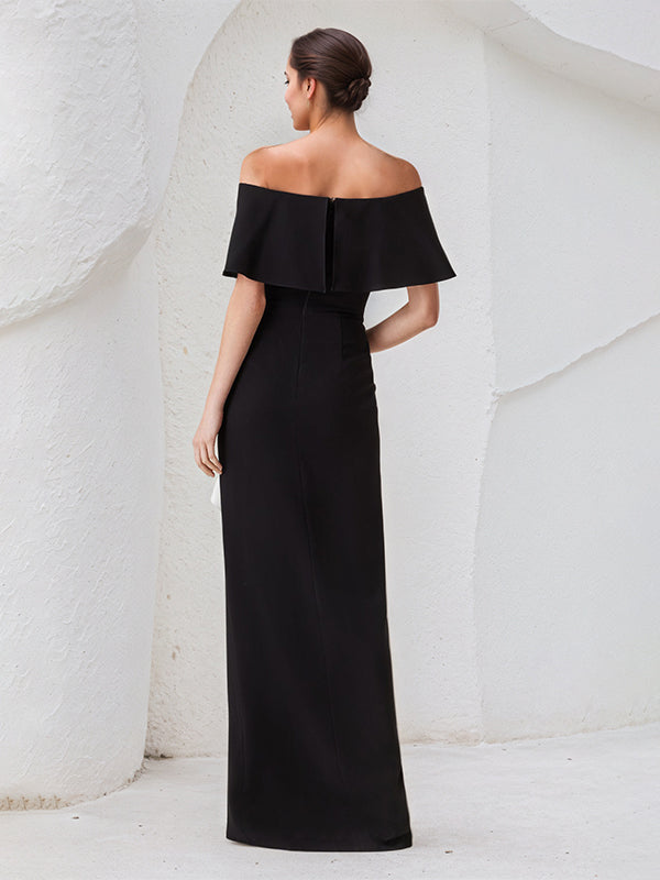 Sheath/Column Off The Shoulder Asymmetrical Length Dress With White Ruffles