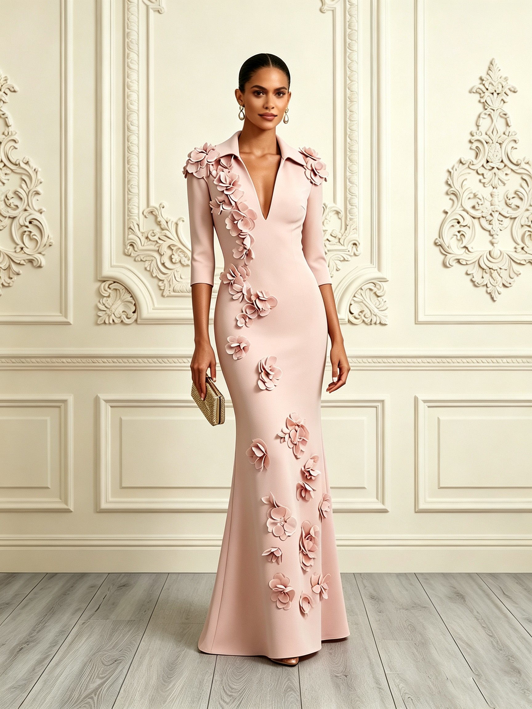 Pink 3D Floral Classic Shawl Collar Half Sleeve Mermaid Gown Dress