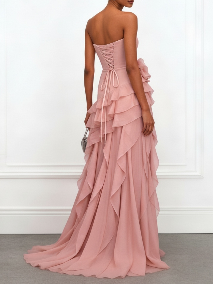 Pink 3D Floral Ruffled Classic Strapless Sleeveless A-Line Floor-length Gown Dress
